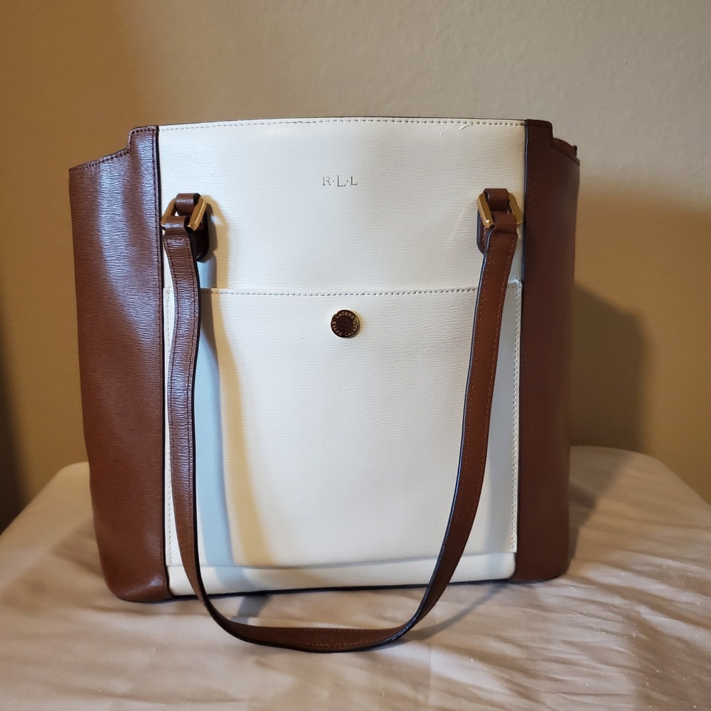 Lauren Ralph Lauren White Brown Saffiano Leather Colorblock Tote Shoulder Bag